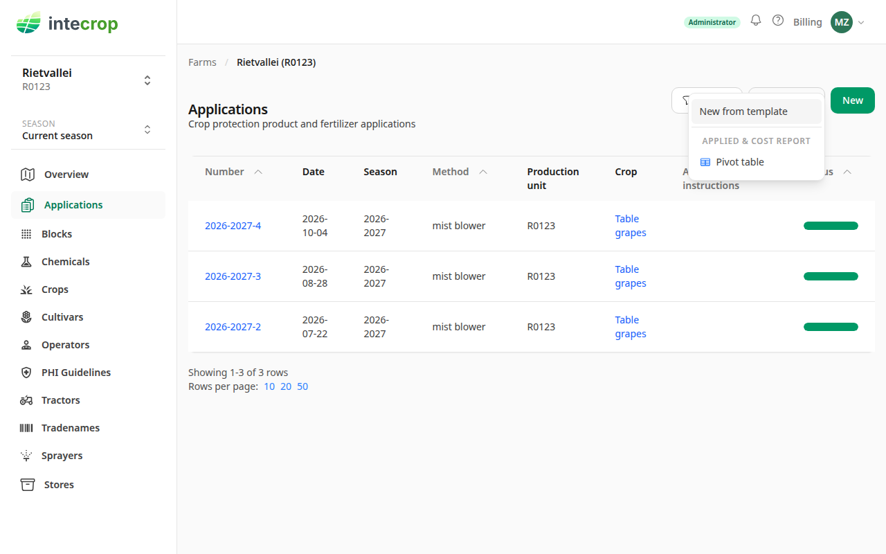 The Actions menu on the applications list
