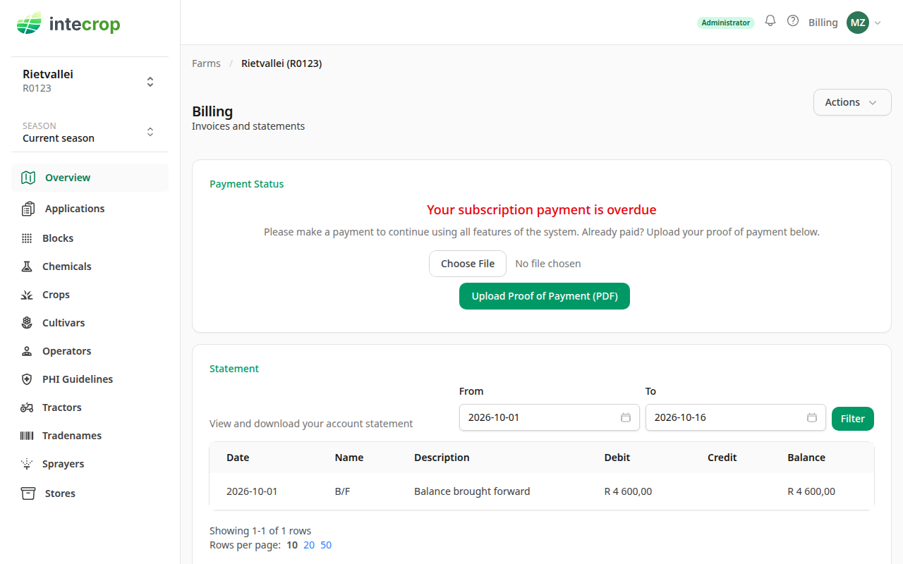 Billing on an overdue farm, with the proof of payment upload