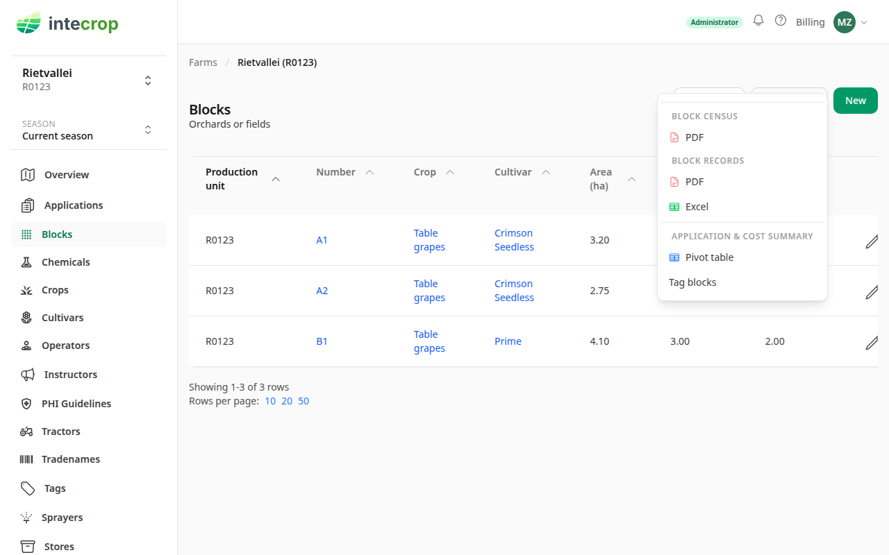 The Actions menu on the blocks list