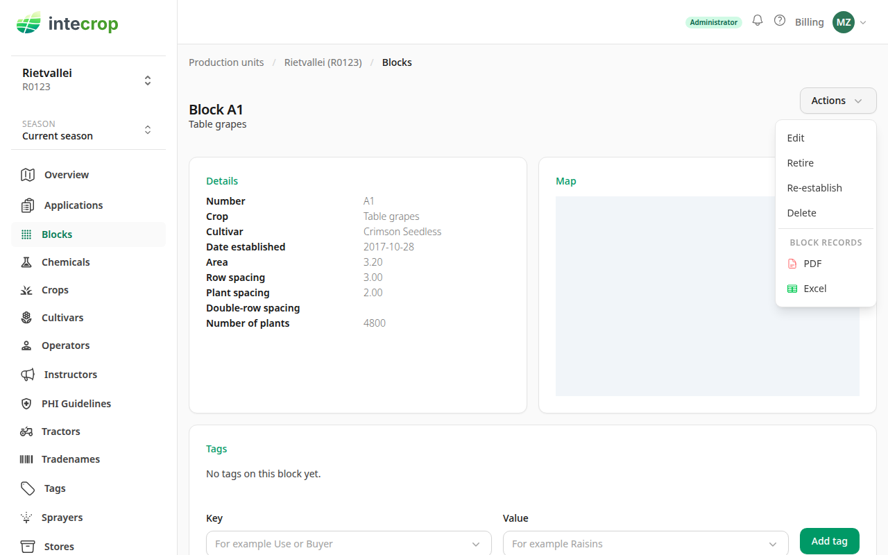 The Actions menu on a block's page