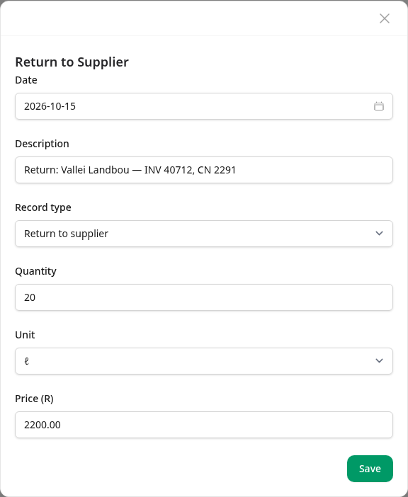 The return form, for 20 ℓ of a 100 ℓ delivery