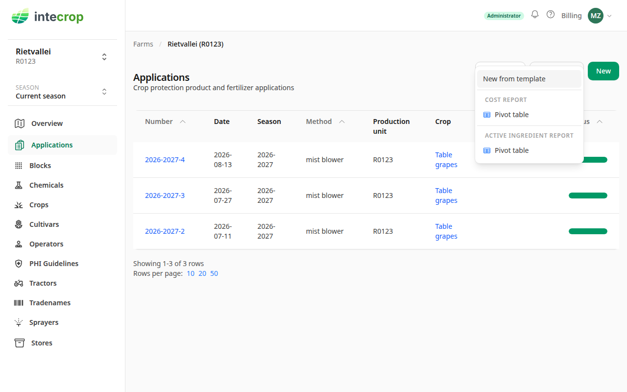 The Actions menu on the applications list