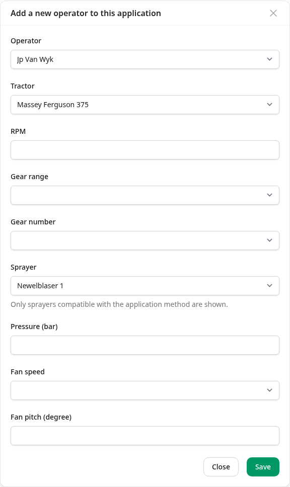 The operator form on an instruction, with an operator, tractor and sprayer chosen