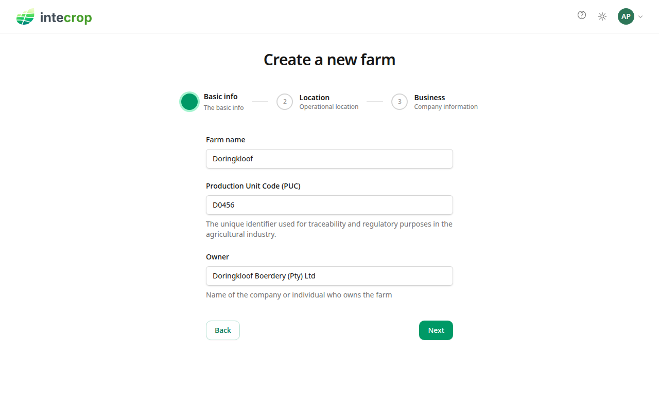The basic info step, filled in