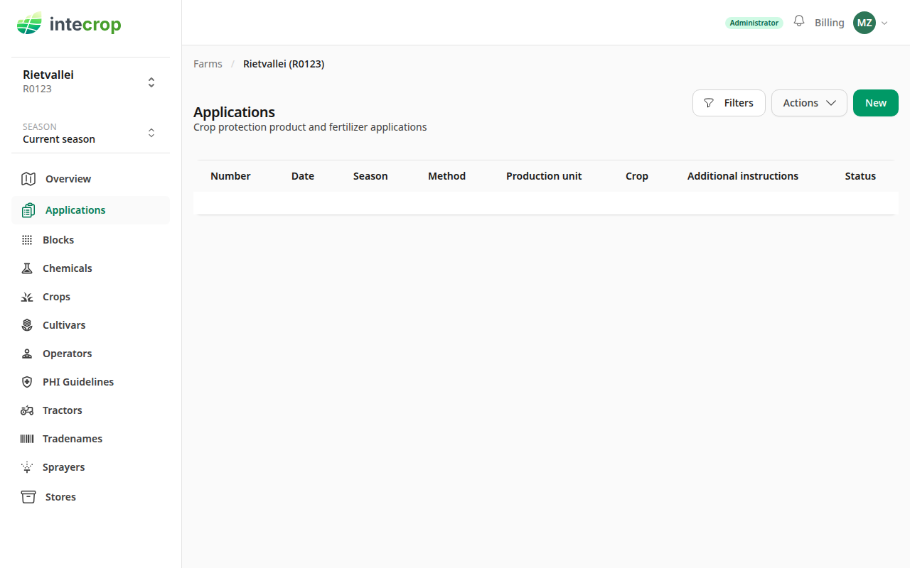 The applications list, empty