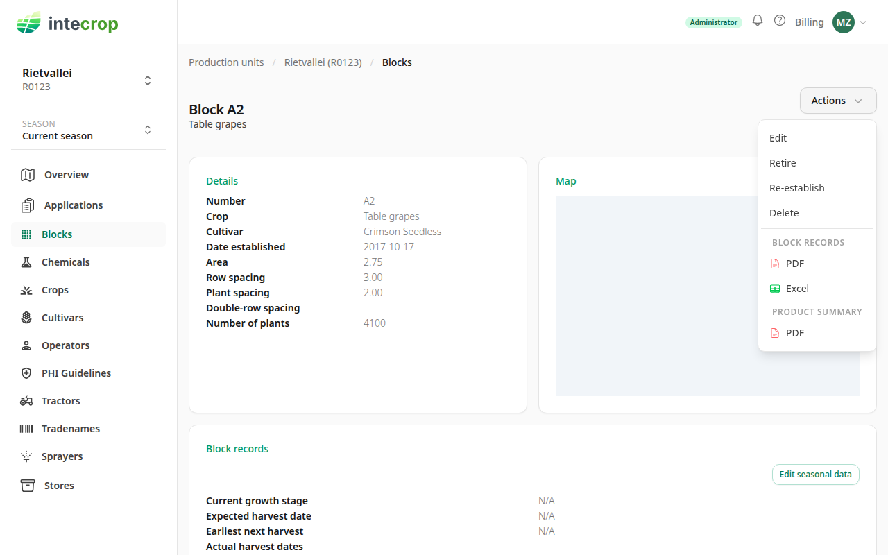 The Actions menu on a block's page