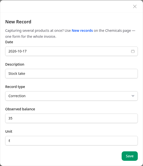 The correction form with 35 entered as the observed balance