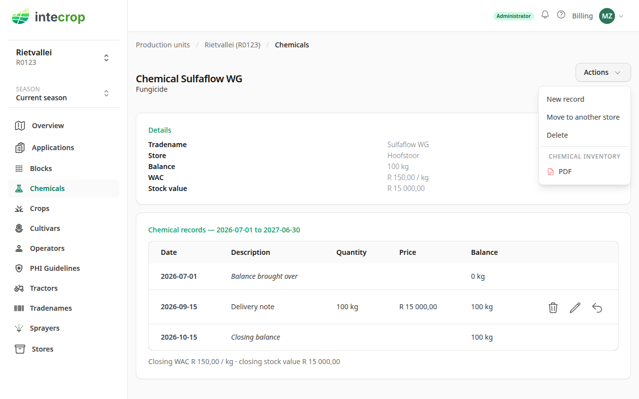 The Actions menu on a chemical, with Move to another store