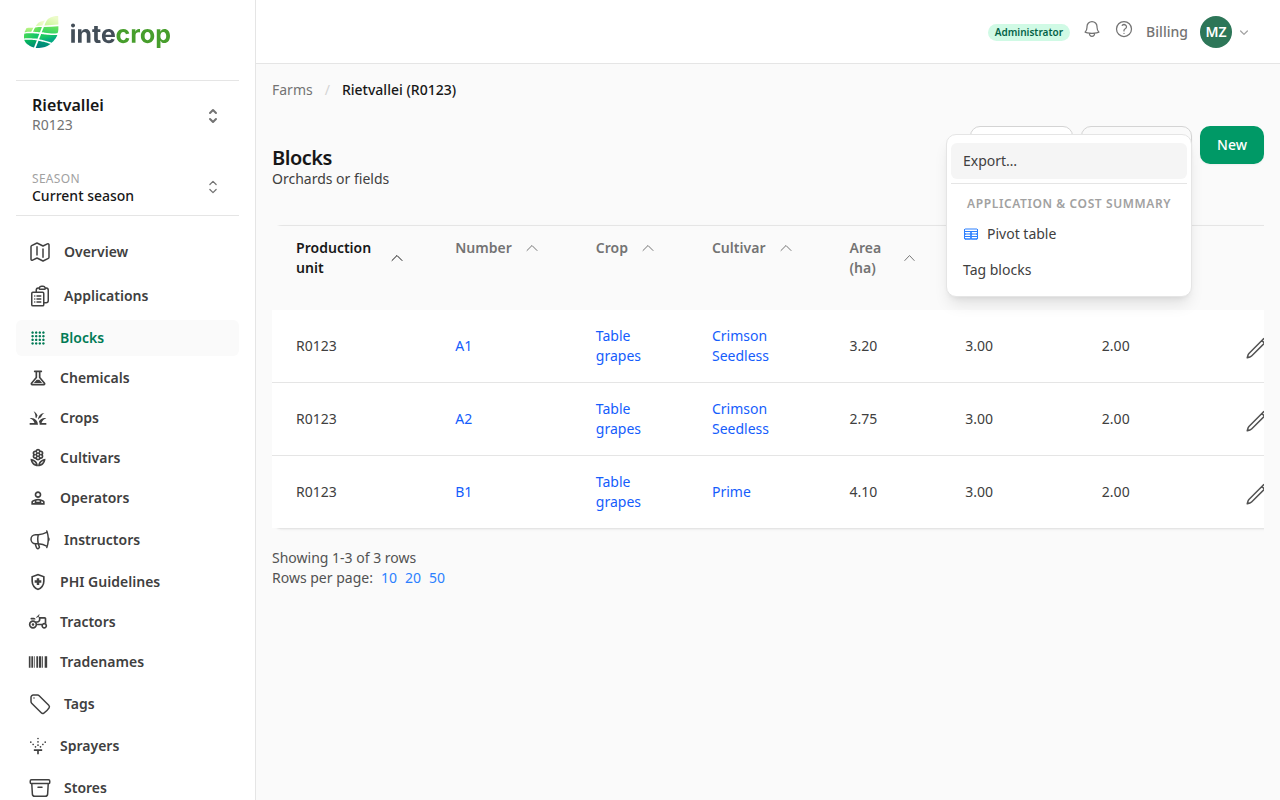 The Actions menu on the Blocks list, with Tag blocks