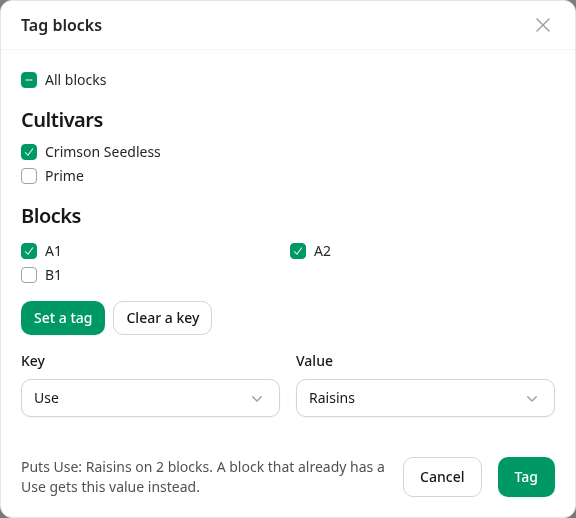 Tag blocks, with Crimson Seedless ticked and Use: Raisins chosen