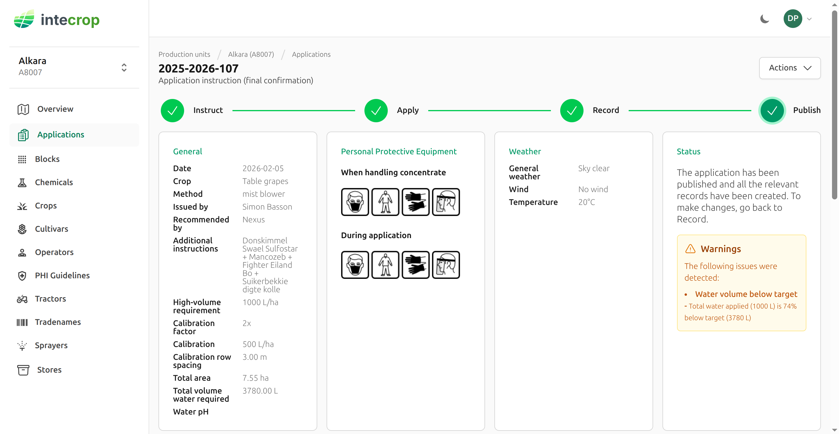 Intecrop application screen